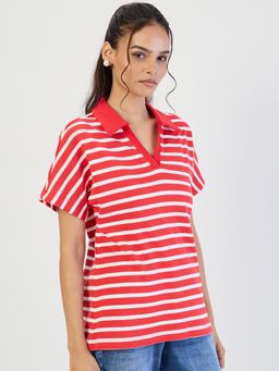 Femmella - Red Striped Polo Knit T-Shirt