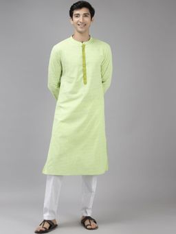 See Designs - Men Lime Green & White Printed Pure Cotton Straight Kurta with Pyjama (Set of 2)