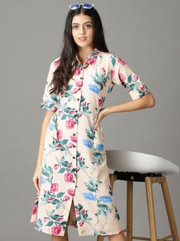SHOWOFF - Womens Printed Shirt Collar Peach Midi Dress