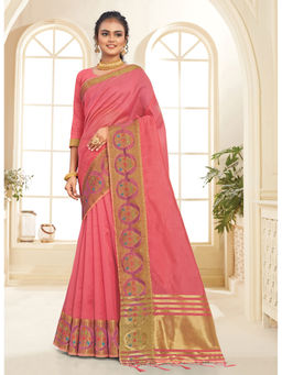 Sangam Prints - Pink Siroski Work Traditional Tassle Saree with Unstitched Blouse