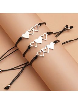 Yellow Chimes - Women Set Of 3 Black and Silver-Toned Heart Design Wraparound Bracelet