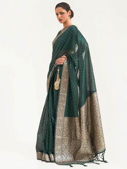 Odette - Teal Green Festive Silk Blend Woven Design Saree with Unstitched Blouse