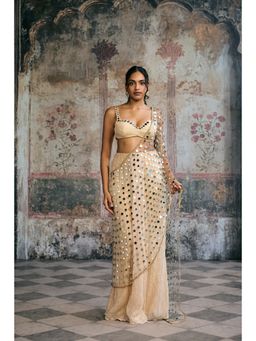 Saanjh by Lea - Beige Sayra Mirror Pre-Draped Saree with Stitched Blouse