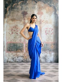 Saanjh by Lea - Naina Cobalt Blue Satin Pre-Draped Saree with Stitched Blouse