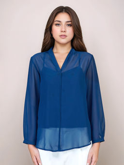 Zink London - Women Navy Blue Solid 3/4Th Sleeves Top