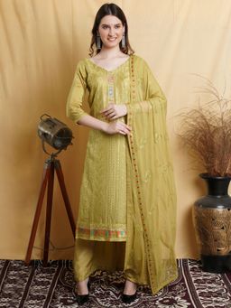 Stylee LIFESTYLE - Olive Green Silk Blend Embroidered Dress Material (Set of 3)
