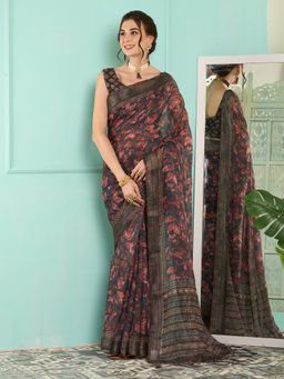 Akhilam - Women's Linen Navy Blue Digital Print Designer Saree with Unstitched Blouse