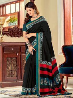 Akhilam - Women's Bhagalpuri Silk Black Printed Designer Saree with Unstitched Blouse