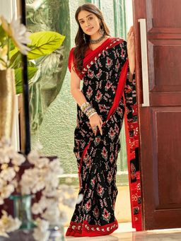Akhilam - Women's Bhagalpuri Silk Black Printed Designer Saree with Unstitched Blouse