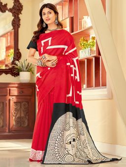 Akhilam - Women's Bhagalpuri Silk Red Printed Designer Saree with Unstitched Blouse