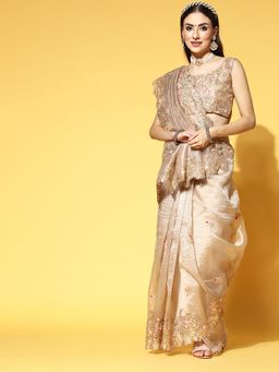 Sareemall - Women's Organza Beige Embroidered Designer Saree with Unstitched Blouse
