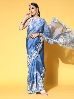 Sareemall - Women's Organza Blue Embroidered Designer Saree with Unstitched Blouse