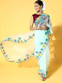 Sareemall - Women's Organza Sea Green Embroidered Designer Saree with Unstitched Blouse