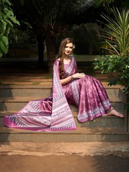 Akhilam - Women's Crepe Wine Digital Print Designer Saree with Unstitched Blouse