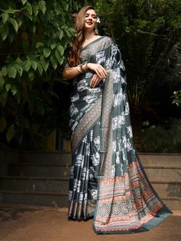 Akhilam - Women's Crepe Grey Digital Print Designer Saree with Unstitched Blouse