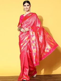 Sareemall - Women's Silk Blend Pink Woven Design Designer Saree with Unstitched Blouse