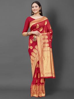 Akhilam - Women's Silk Blend Red Woven Design Designer Saree with Unstitched Blouse