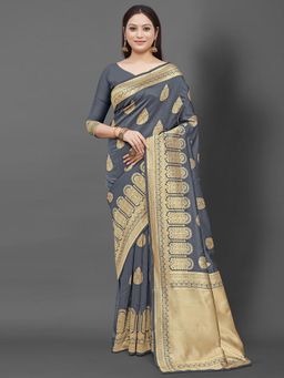 Akhilam - Women's Silk Blend Grey Woven Design Designer Saree with Unstitched Blouse