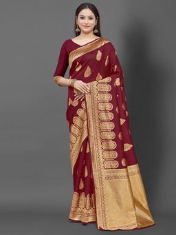 Akhilam - Women's Silk Blend Maroon Woven Design Designer Saree with Unstitched Blouse