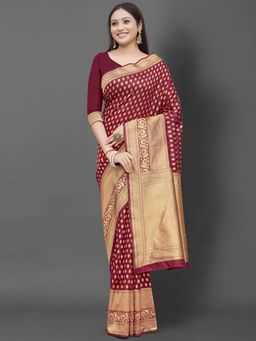 Akhilam - Women's Silk Blend Maroon Woven Design Designer Saree with Unstitched Blouse