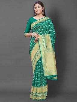 Akhilam - Women's Silk Blend Sea Green Woven Design Designer Saree with Unstitched Blouse