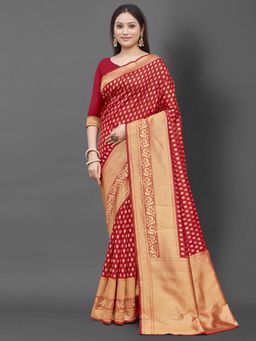 Akhilam - Women's Silk Blend Red Woven Design Designer Saree with Unstitched Blouse
