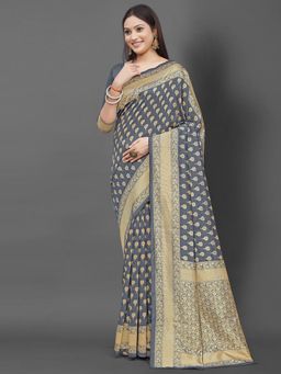 Akhilam - Women's Silk Blend Grey Woven Design Designer Saree with Unstitched Blouse