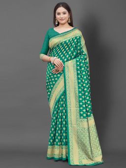 Akhilam - Women's Silk Blend Sea Green Woven Design Designer Saree with Unstitched Blouse
