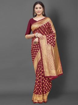 Akhilam - Women's Silk Blend Maroon Woven Design Designer Saree with Unstitched Blouse