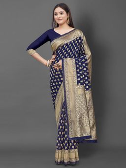 Akhilam - Women's Silk Blend Navy Blue Woven Design Designer Saree with Unstitched Blouse