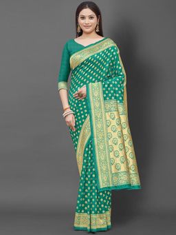 Akhilam - Women's Silk Blend Sea Green Woven Design Designer Saree with Unstitched Blouse
