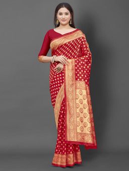Akhilam - Women's Silk Blend Red Woven Design Designer Saree with Unstitched Blouse