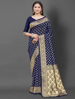 Akhilam - Women's Silk Blend Navy Blue Woven Design Designer Saree with Unstitched Blouse