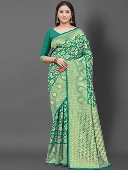 Akhilam - Women's Silk Blend Sea Green Woven Design Designer Saree with Unstitched Blouse
