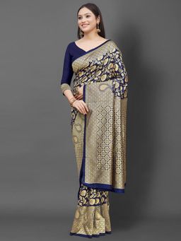 Akhilam - Women's Silk Blend Navy Blue Woven Design Designer Saree with Unstitched Blouse