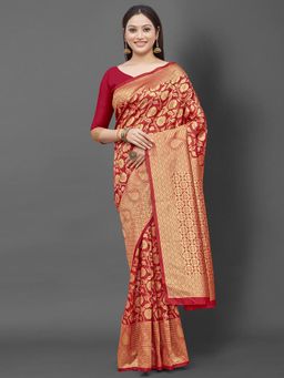 Akhilam - Women's Silk Blend Red Woven Design Designer Saree with Unstitched Blouse
