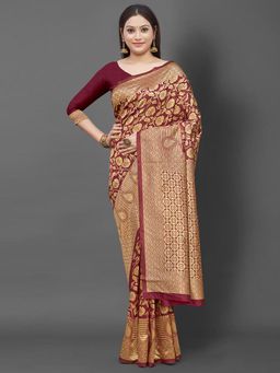 Akhilam - Women's Silk Blend Maroon Woven Design Designer Saree with Unstitched Blouse