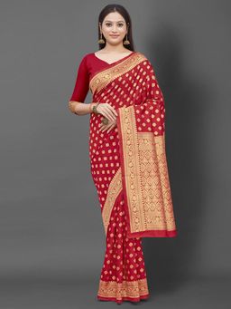 Akhilam - Women's Silk Blend Red Woven Design Designer Saree with Unstitched Blouse