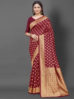 Akhilam - Women's Silk Blend Maroon Woven Design Designer Saree with Unstitched Blouse