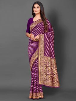 Akhilam - Women's Silk Blend Purple Woven Design Designer Saree with Unstitched Blouse