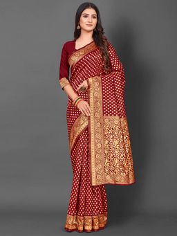 Akhilam - Women's Silk Blend Brown Woven Design Designer Saree with Unstitched Blouse