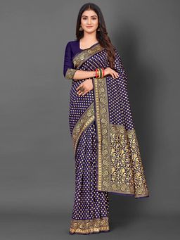 Akhilam - Women's Silk Blend Navy Blue Woven Design Designer Saree with Unstitched Blouse