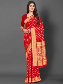 Akhilam - Women's Silk Blend Red Woven Design Designer Saree with Unstitched Blouse