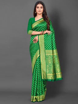 Akhilam - Women's Silk Blend Green Woven Design Designer Saree with Unstitched Blouse