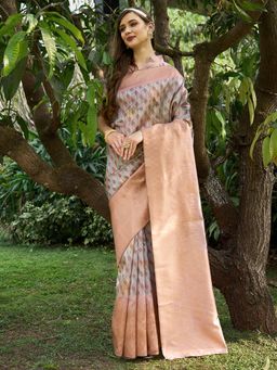 Akhilam - Women's Cotton Silk Peach Printed Designer Saree with Unstitched Blouse