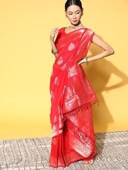 Sareemall - Women's Silk Blend Red Woven Design Celebrity Saree with Unstitched Blouse