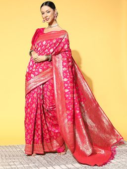Sareemall - Women's Silk Blend Pink Woven Design Celebrity Saree with Unstitched Blouse