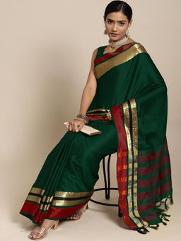 Akhilam - Women's Aura Silk Green Woven Design Designer Saree with Unstitched Blouse