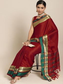 Akhilam - Women's Aura Silk Maroon Woven Design Designer Saree with Unstitched Blouse