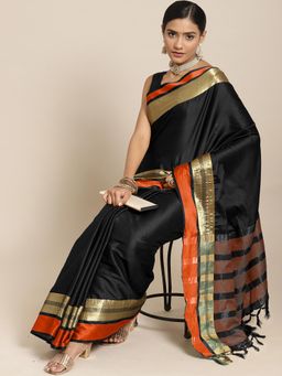 Akhilam - Women's Aura Silk Black Woven Design Designer Saree with Unstitched Blouse